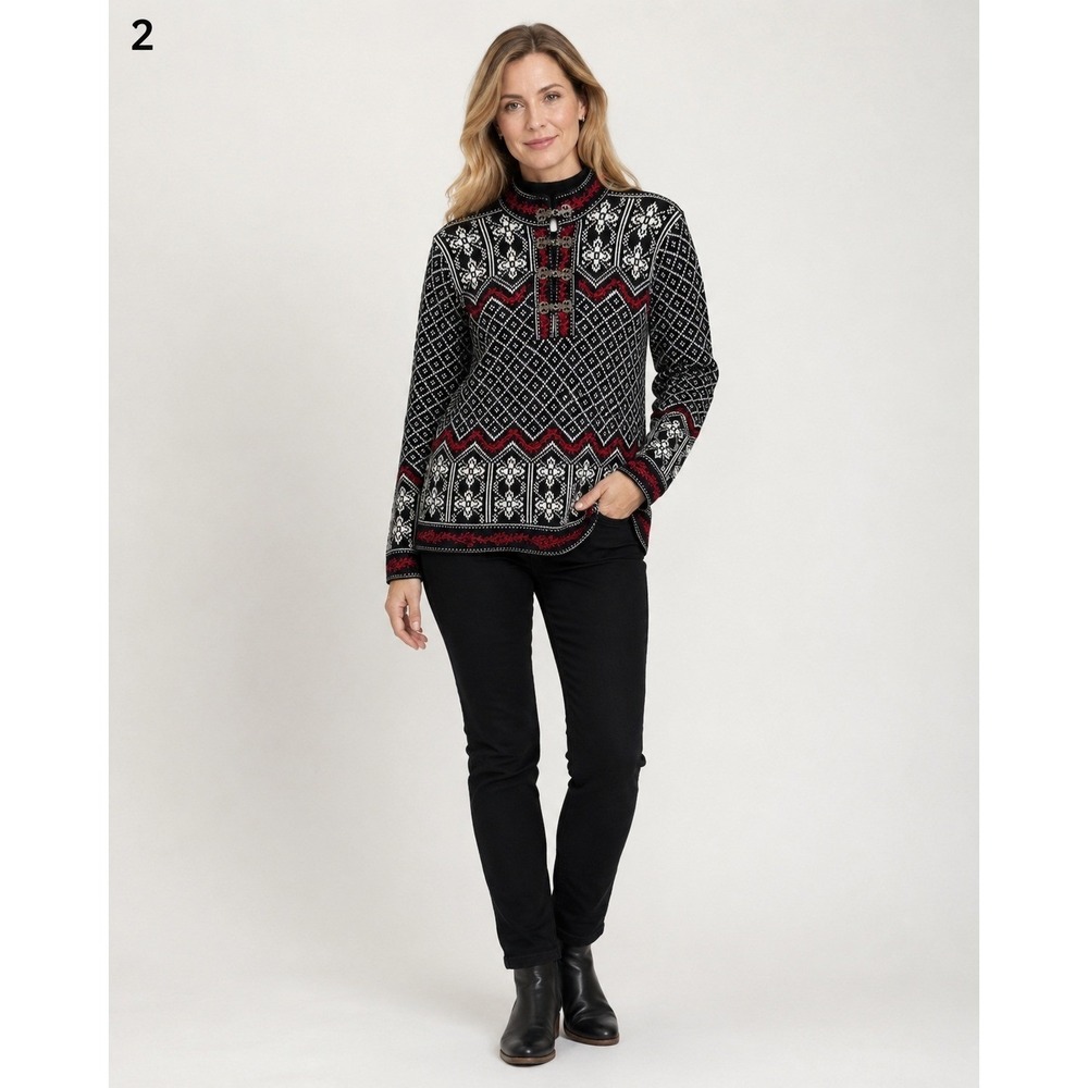Vintage Norm Thompson Nordic Fair Isle Sweater Womens Small Black White Clasp